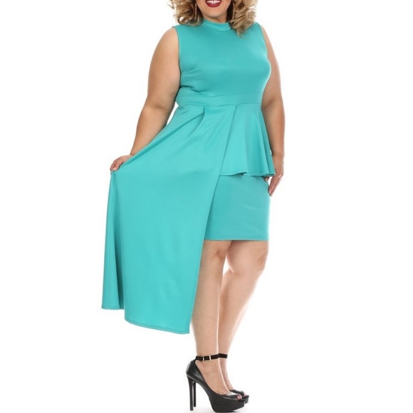EASTER SALE Plus Jade Hi Low Peplum Bodycon Dress - Picture 3 of 4